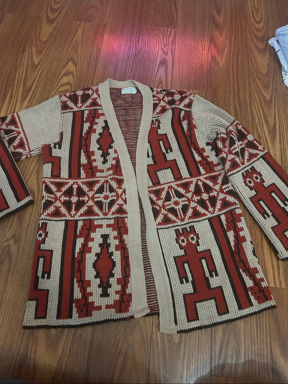 Vntg 70s 100% Acrylic Southwest Aztec Sweater Long Sleeve Wrap Cardigan Boho S